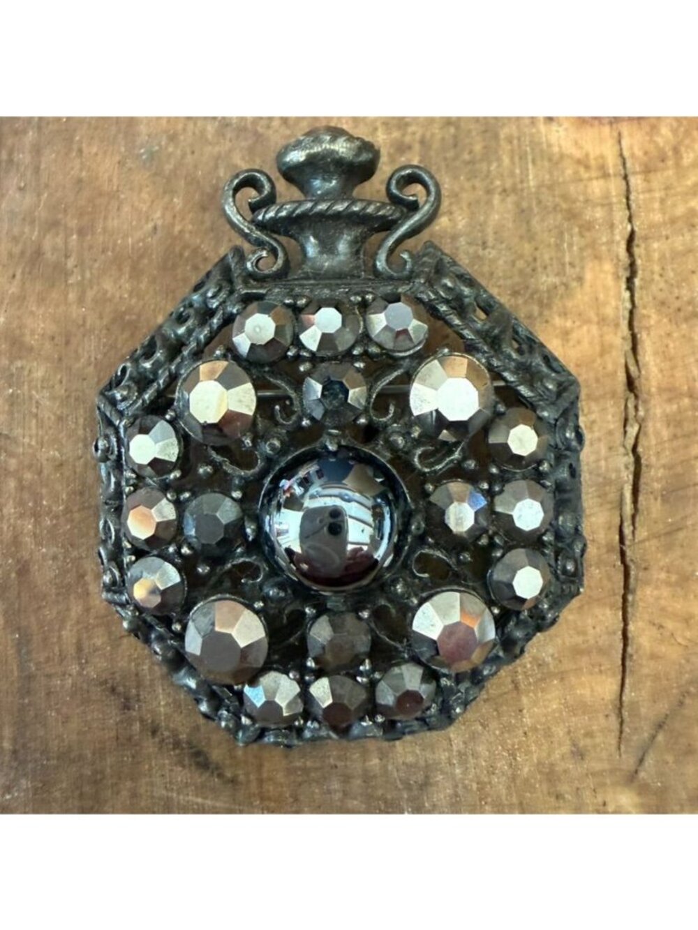 Weiss Convertible Brooch Pendant Black Metal Rhinestones Octagonal Gothic